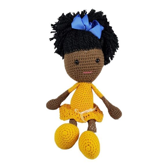 Black African American Handmade Crochet Doll Yellow Dress Bow Long Floppy 26" - Picture 9 of 9